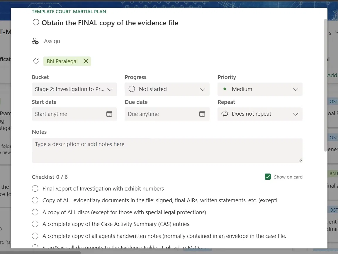 Microsoft Planner task card showing role tag, stage assignment, priority level, and pre-built checklist items